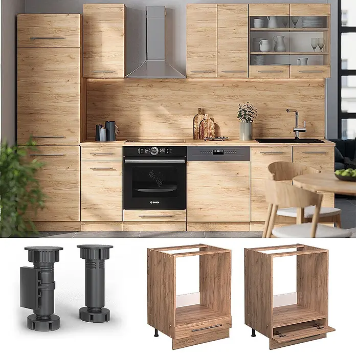 Vicco Schrankküche Fame-Line Goldkraft Eiche ohne Arbeitsplatte - Goldkraft Eiche, Herdumbauschrank 60 cm - Eine moderne Küche mit hellen Holzmaserungsschränken und schwarzen Geräten. Unten sind verstellbare Füße und modulare Ofenschrankelemente.