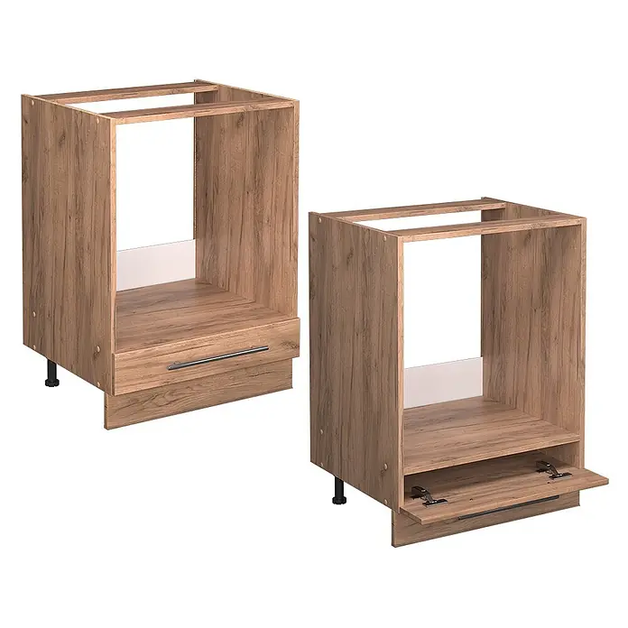 Vicco Schrankküche Fame-Line Goldkraft Eiche ohne Arbeitsplatte - Goldkraft Eiche, Herdumbauschrank 60 cm - Zwei hellbraune Küchenunterschränke mit Holzmaserung für Einbaugeräte; einer mit Schublade, der andere mit Klappe. Beide haben verstellbare Füße.