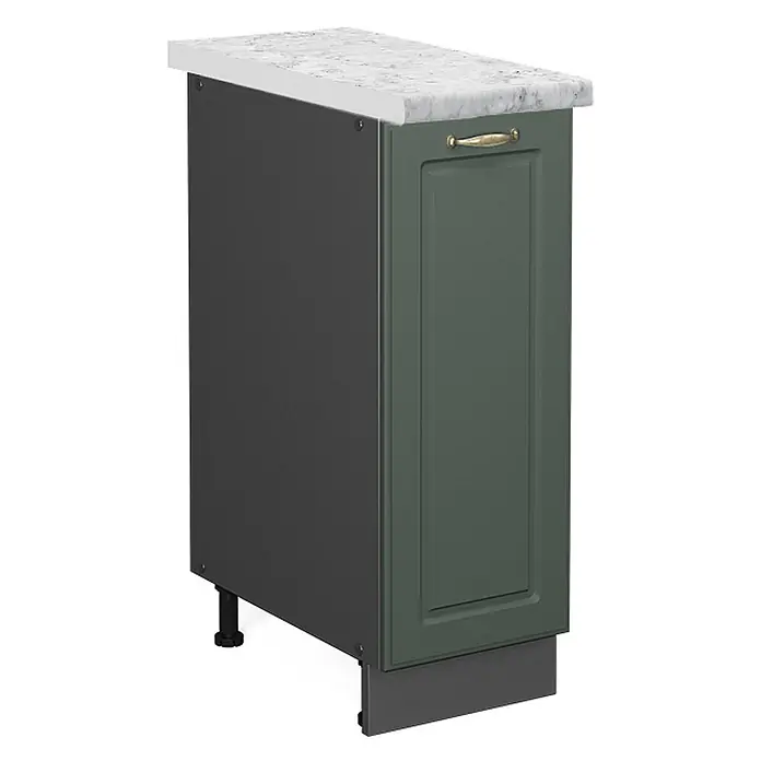 Vicco Schrankküche Fame-Line Grün-Gold Landhaus, AP Marmor - Grün-Gold Landhaus, Apothekerunterschrank 30 cm, AP Marmor - Dunkelgrüner Shaker-Unterschrank mit Arbeitsplatte in Marmoroptik, goldenem Griff, dunkelgrauer Seitenwand und verstellbaren Füßen.