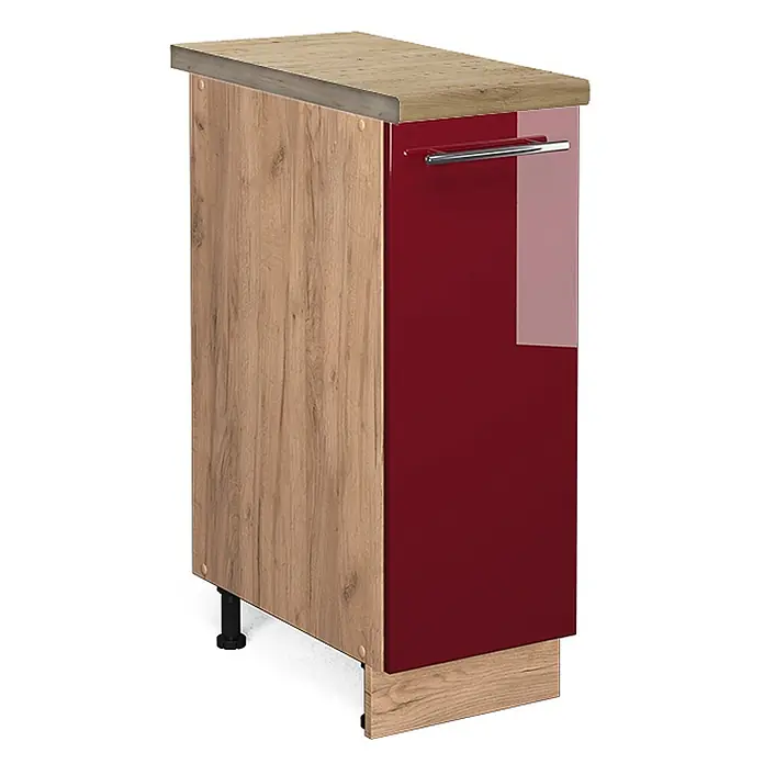 Vicco Schrankküche Fame-Line Bordeaux Hochglanz, AP Eiche - Bordeaux Hochglanz, Apothekerunterschrank 30 cm, AP Eiche - Kompakter Unterschrank mit heller Holzplatte und Seitenwand, glänzend roter Tür und Chromgriff.