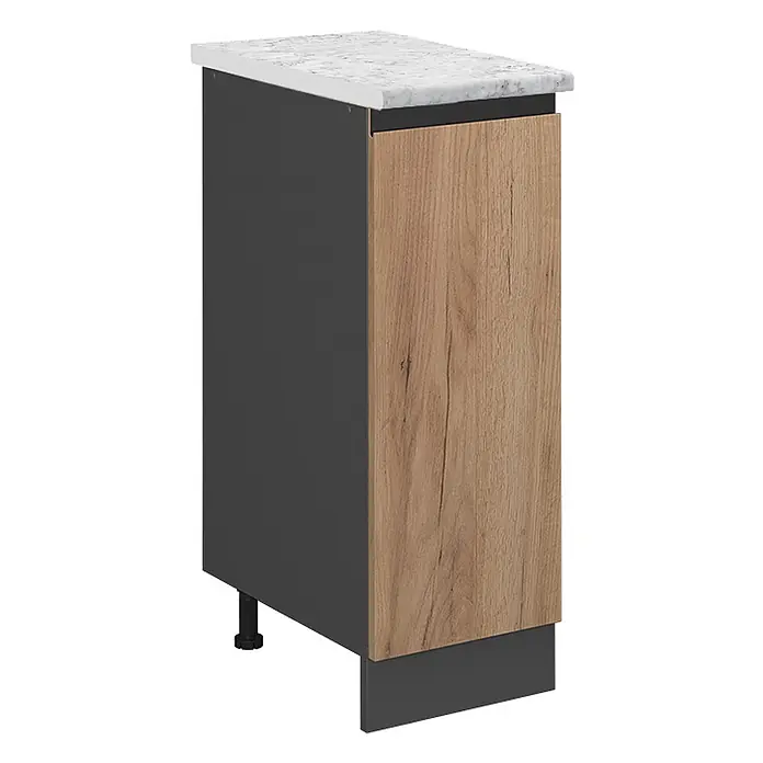 Vicco Apothekerschrank R-Line, Goldkraft Eiche, 30 cm -  - Schmaler Küchenunterschrank mit dunkelgrauem Korpus, Tür in Holzoptik und Arbeitsplatte in Marmoroptik.