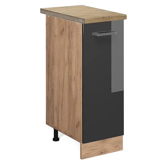 Vicco Schrankküche R-Line Anthrazit Hochglanz, AP Eiche - Anthrazit Hochglanz, Apothekerunterschrank 30 cm - Zweifarbiger Schrank mit heller Holzplatte, Seitenwand, dunkelgrauer Tür mit Griff und Holzsockel.