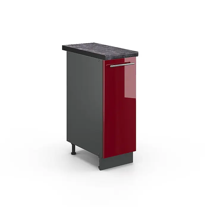 Vicco Schrankküche Fame-Line Bordeaux Hochglanz, AP Anthrazit - Bordeaux Hochglanz, Apothekerunterschrank 30 cm, AP Anthrazit - Dunkelgrauer Küchenunterschrank mit glänzender roter Tür, silbernem Griff und dunkler Steinplatte.