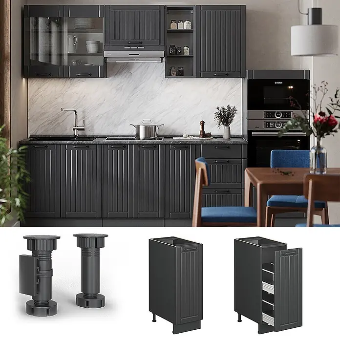 Vicco Schrankküche Fame-Line Dunkelgrau, AP Anthrazit - Dunkelgrau, Apothekerunterschrank 30 cm, AP Anthrazit - Dunkelgraue geriffelte Küchenschränke in einer modernen Küche, Wand- und Unterschränke.