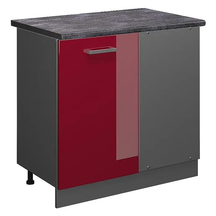 Vicco Schrankküche R-Line Rot Hochglanz, AP Anthrazit - Rot Hochglanz, Eckunterschrank 86 cm, AP Anthrazit - Dunkelgrauer Unterschrank mit roter Tür, silbernem Griff und dunkelgrauer Arbeitsplatte.