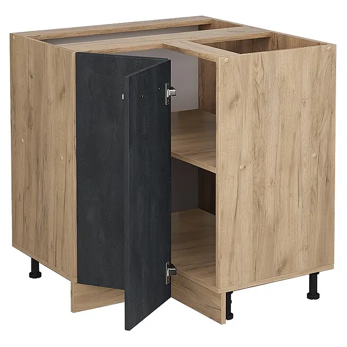 Vicco Schrankküche R-Line Schwarz Beton AP Marmor - Schwarz Beton, Eckunterschrank, AP Marmor - Eckunterschrank in heller Holzoptik mit dunkelgrauer Tür, höhenverstellbare Füße.