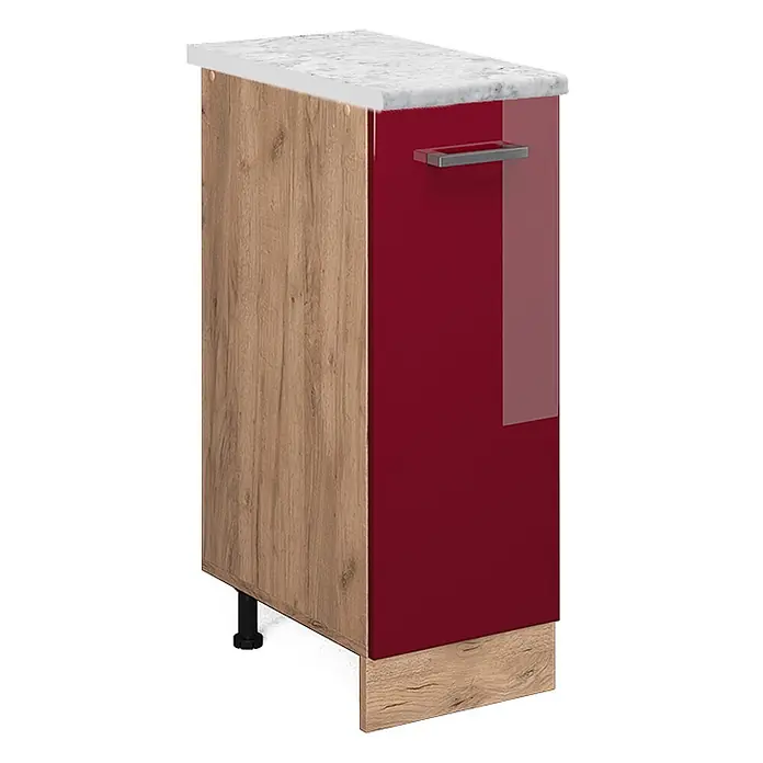 Vicco Schrankküche R-Line Rot Hochglanz AP Marmor - Rot Hochglanz, Apothekerunterschrank 30 cm, AP Marmor - Unterschrank mit Holzoptik-Seitenwand, hochglänzender roter Tür, weißer Marmoroptik-Arbeitsplatte und Metallgriff.