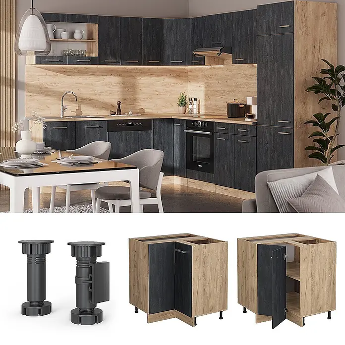 Vicco Schrankküche R-Line Schwarz Beton AP Marmor - Schwarz Beton, Eckunterschrank, AP Marmor - Modulare Küche in Dunkelgrau und hellem Holz, mit Eckschränken und verstellbaren Füßen. Installierte und Komponentenansichten.