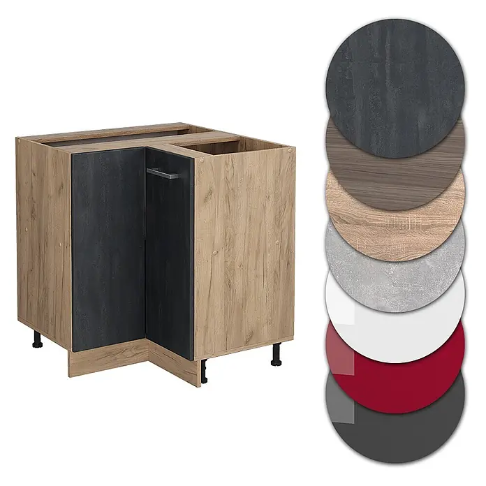 Vicco Schrankküche R-Line Schwarz Beton AP Marmor - Schwarz Beton, Eckunterschrank, AP Marmor - Eck-Küchenunterschrank mit hellem Holz-Korpus, dunklen strukturierten Türen und Farbmuster.