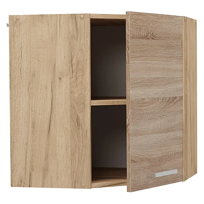 Vicco Schrankküche R-Line Sonoma - Sonoma, Eckhängeschrank 57 cm - Wandschrank in heller Holzoptik mit zwei Türen, eine offenbart zwei Regalböden, mit silbernem Griff.