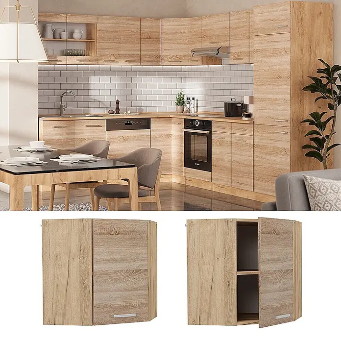 Vicco Schrankküche R-Line Sonoma - Sonoma, Eckhängeschrank 57 cm - Eckküchenschrank aus hellem Holz, geschlossen und offen mit Regalen gezeigt, in moderner Küche.