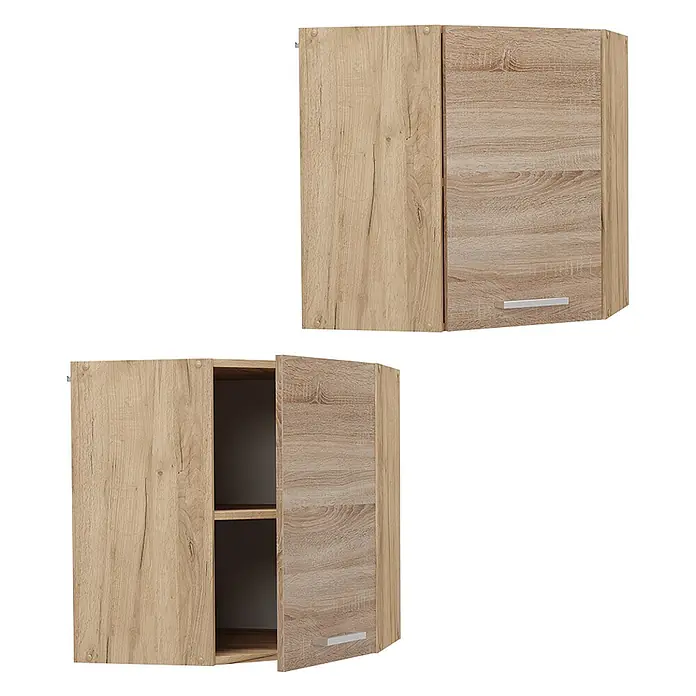Vicco Schrankküche R-Line Sonoma - Sonoma, Eckhängeschrank 57 cm - Eckiger Wandschrank aus hellem Holz, geschlossen und offen mit Regalböden und silbernen Griffen.