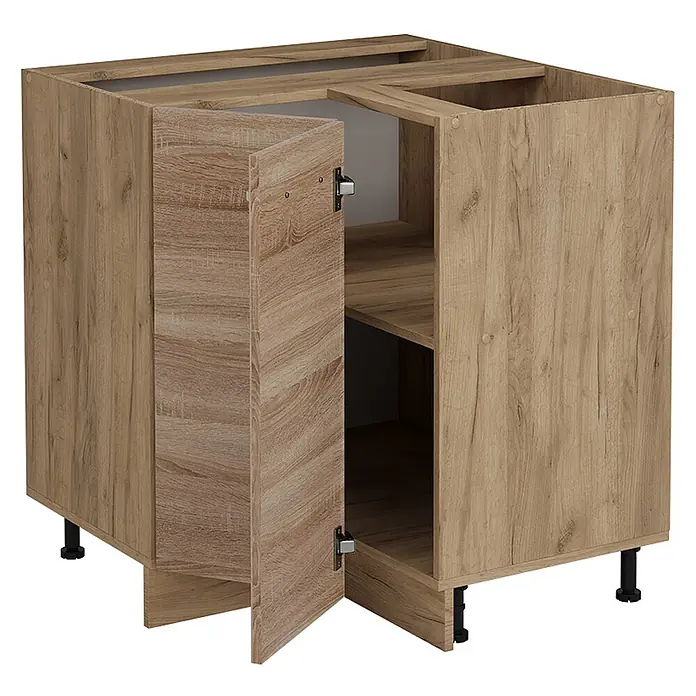 Vicco Schrankküche R-Line Sonoma, AP Eiche - Sonoma, Eckunterschrank, AP Eiche - Eck-Küchenunterschrank in heller Holzoptik mit zwei Türen, eine offen, zeigt Innenregal. Steht auf verstellbaren schwarzen Füßen.