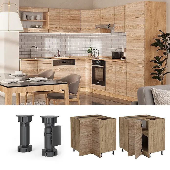 Vicco Schrankküche R-Line Sonoma, AP Eiche - Sonoma, Eckunterschrank, AP Eiche - Helle Holzoptik-Küchenschränke, inklusive Eckschrank, in einer modernen Küche mit verstellbaren Beinen.