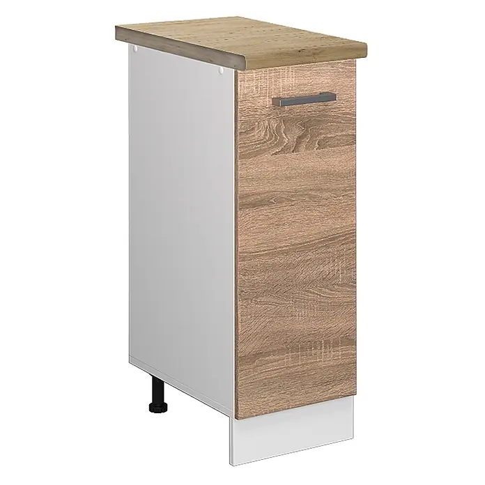 Vicco Schrankküche R-Line Sonoma, AP Eiche - Sonoma, Apothekerunterschrank 30 cm, AP Eiche - Schmaler Unterschrank mit heller Holzoptikfront, weißen Seiten, Sockel und grauem Griff.