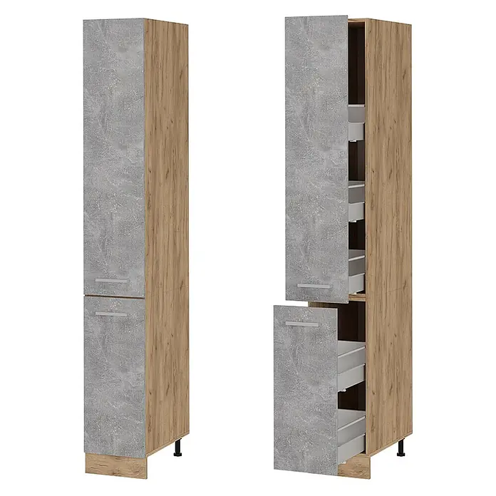 Vicco Schrankküche R-Line Beton - Beton, Apothekerhochschrank 30 cm - Hoher Vorratsschrank mit grauen Betonoptik-Türen und hellem Holzrahmen, geschlossen und mit Auszugskörben.