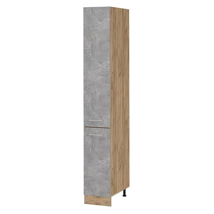 Vicco Schrankküche R-Line Beton - Beton, Apothekerhochschrank 30 cm - Hoher Schrank mit grauen Beton-Fronten und hellen Holzmaserung-Seiten sowie Sockel. Zwei Griffe.
