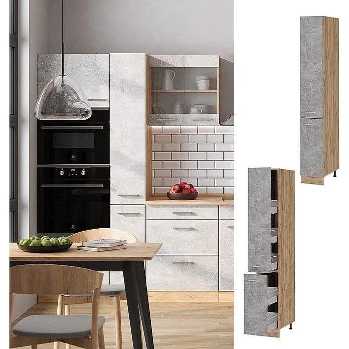 Vicco Schrankküche R-Line Beton - Beton, Apothekerhochschrank 30 cm - Moderne Küche mit grauen Schränken in Betonoptik und Holzakzenten. Enthält einen hohen Vorratsschrank mit Auszügen.