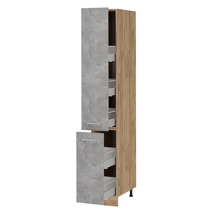 Vicco Schrankküche R-Line Beton - Beton, Apothekerhochschrank 30 cm - Hoher Vorratsschrank mit holzfarbenem Korpus und grauen Beton-Effekt-Türen, teilweise geöffnet, zeigt Auszugskörbe.