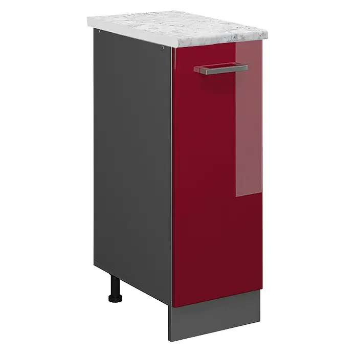 Vicco Schrankküche R-Line Rot Hochglanz AP Marmor - Rot Hochglanz, Apothekerunterschrank 30 cm, AP Marmor - Dunkelgrauer Küchenunterschrank mit glänzend roter Tür, silbernem Griff und weißer Marmor-Arbeitsplatte.