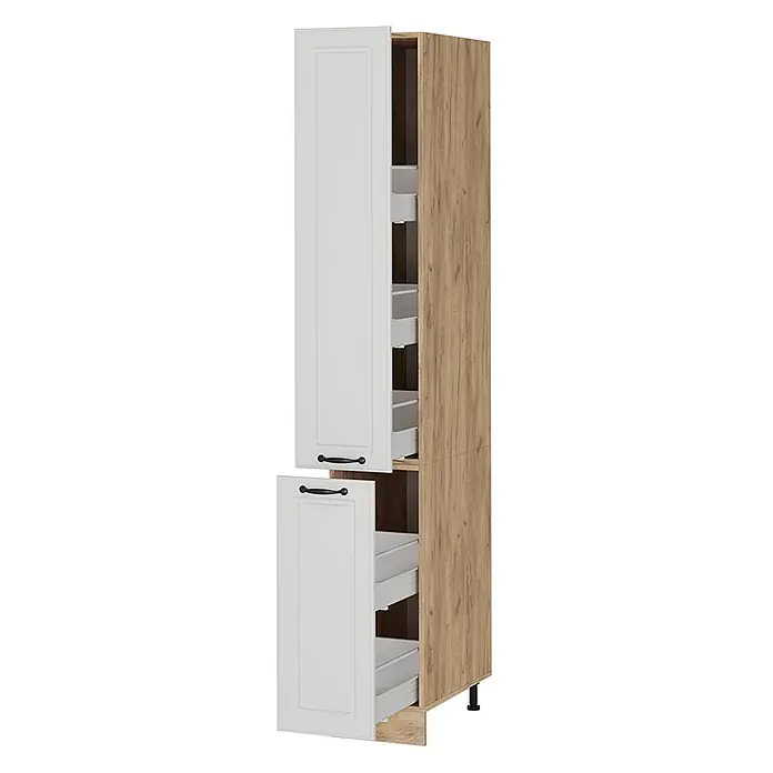 Vicco Schrankküche R-Line Weiß Landhaus - Weiß Landhaus, Apothekerhochschrank 30 cm - Hoher Küchenschrank aus hellem Holz mit weißen Paneeltüren, geöffnet, um ausziehbare Schubladen zu zeigen.