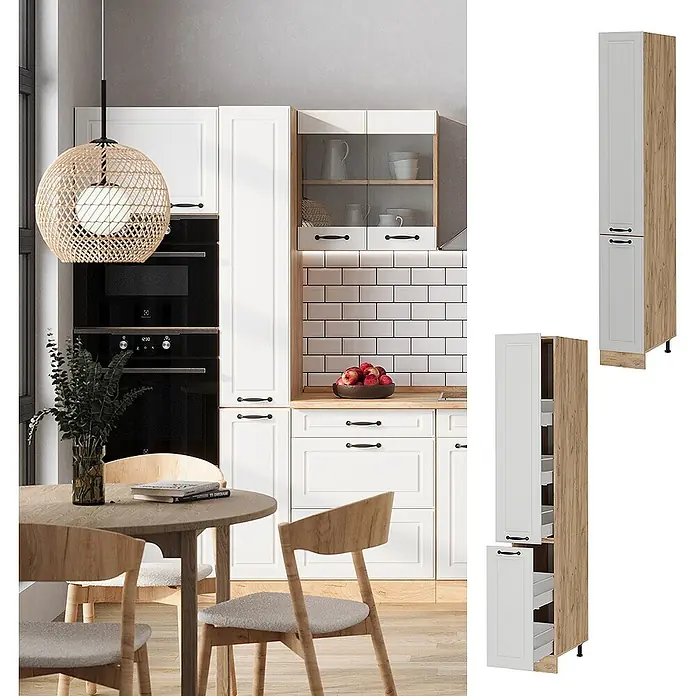 Vicco Schrankküche R-Line Weiß Landhaus - Weiß Landhaus, Apothekerhochschrank 30 cm - Hoher Küchenschrank mit weißen Türen und Holzoptik-Seiten, ausgestattet mit ausziehbaren Vorratsauszügen.