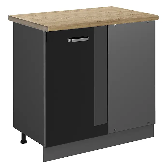 Vicco Eckunterschrank R-Line, Schwarz Hochglanz, 86 cm -  - Kompakter dunkelgrauer Schrank mit heller Holzplatte und einer hochglanzschwarzen Tür mit Metallgriff.