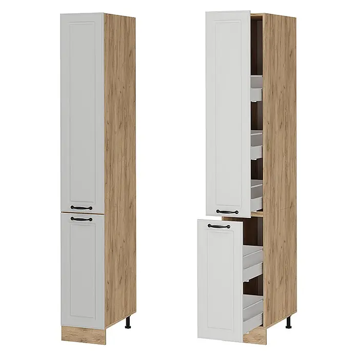 Vicco Schrankküche R-Line Weiß Landhaus - Weiß Landhaus, Apothekerhochschrank 30 cm - Hoher Vorratsschrank mit hellem Holzdekor und weißen Kassettentüren, eine offen mit Auszügen.