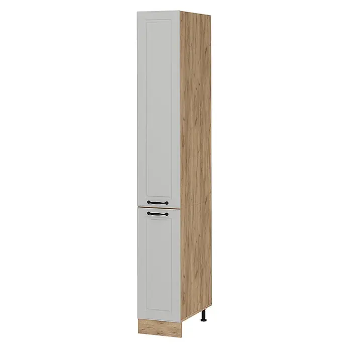 Vicco Schrankküche R-Line Weiß Landhaus - Weiß Landhaus, Apothekerhochschrank 30 cm - Hoher hellgrauer Schrank mit Holzoptik-Seitenwand und Sockel, zwei Türen und schwarzen Griffen.