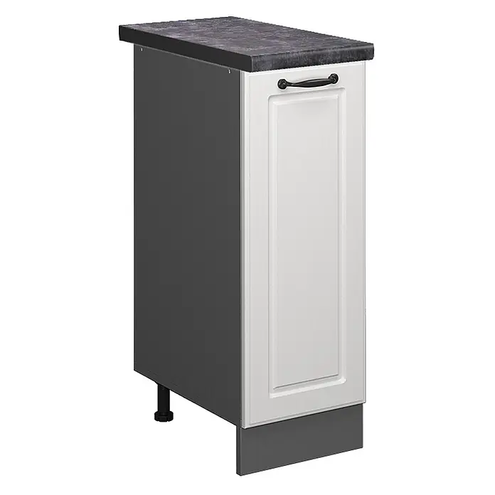 Vicco Schrankküche R-Line Weiß Landhaus, AP Anthrazit - Weiß Landhaus, Apothekerunterschrank 30 cm, AP Anthrazit - Küchenunterschrank mit dunkelgrauer Arbeitsplatte, weißer Kassettentür, schwarzem Griff und dunkelgrauem Sockel.