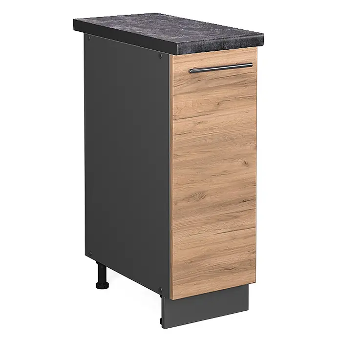 Vicco Schrankküche Fame-Line Goldkraft Eiche, AP Anthrazit - Goldkraft Eiche, Apothekerunterschrank 30 cm, AP Anthrazit - Schmaler Unterschrank mit dunkler Arbeitsplatte, helle holzgemaserte Schubladenfront, dunkelgrauer Seitenwand und Metallgriff.