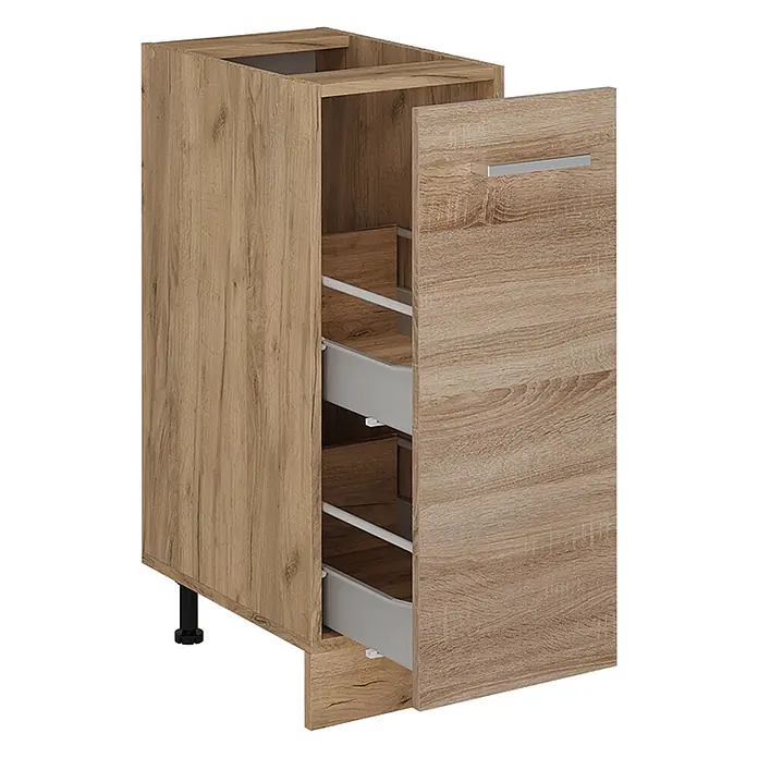 Vicco Schrankküche R-Line Sonoma, AP Anthrazit - Sonoma, Apothekerunterschrank 30 cm, AP Anthrazit - Heller Holz-Unterschrank mit zwei grauen Auszügen zur Aufbewahrung.