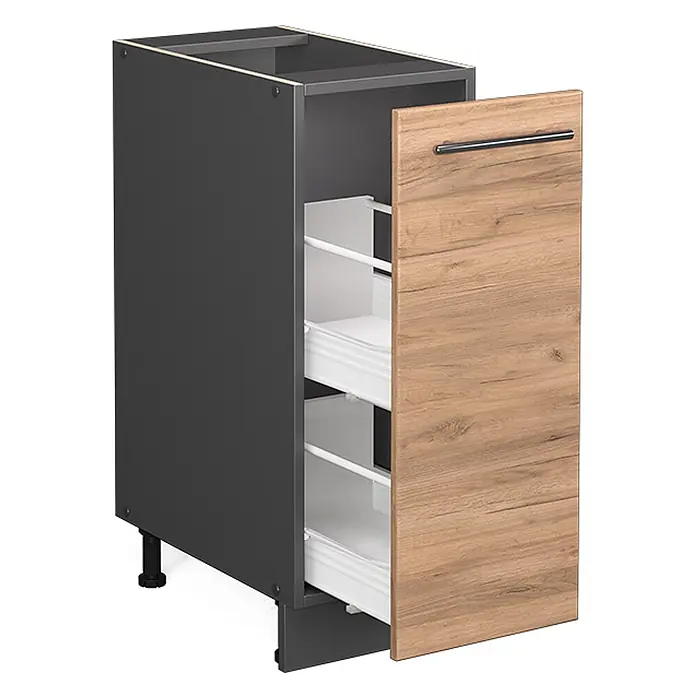 Vicco Schrankküche Fame-Line Goldkraft Eiche ohne Arbeitsplatte - Goldkraft Eiche, Apothekerunterschrank 30 cm - Schmaler anthrazitfarbener Küchenunterschrank mit heller Holzoptik-Front und zwei weißen Auszugskörben.