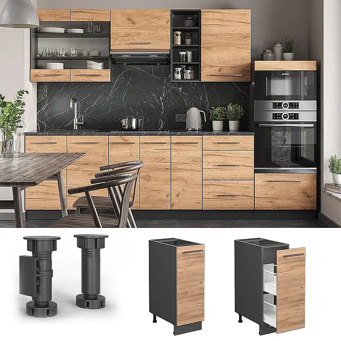 Vicco Schrankküche Fame-Line Goldkraft Eiche ohne Arbeitsplatte - Goldkraft Eiche, Apothekerunterschrank 30 cm - Moderne Küche mit hellen Holzoptik-Schränken, dunkelgrauen Details und schwarzer Marmoroptik-Rückwand.