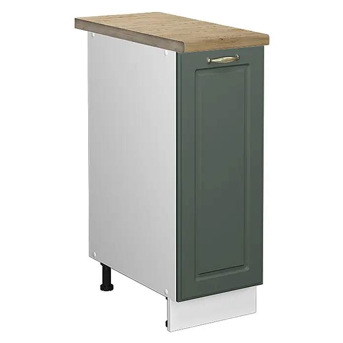 Vicco Schrankküche Fame-Line Grün-Gold Landhaus, AP Eiche - Grün-Gold Landhaus, Apothekerunterschrank 30 cm, AP Eiche - Schmaler Küchenunterschrank: Arbeitsplatte in Holzoptik, weißer Korpus, dunkelgrüne Kassettentür mit Goldgriff.