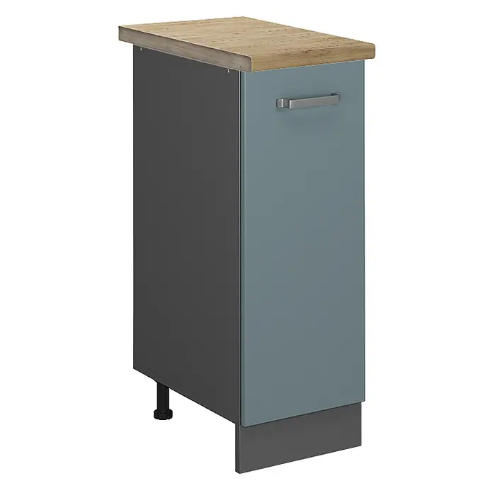 Vicco Schrankküche R-Line Blau-Grau, AP Eiche - Blau-Grau, Apothekerunterschrank 30 cm, AP Eiche - Schmaler Küchenunterschrank mit Holzplatte, blaugrauer Tür und silbernem Griff.