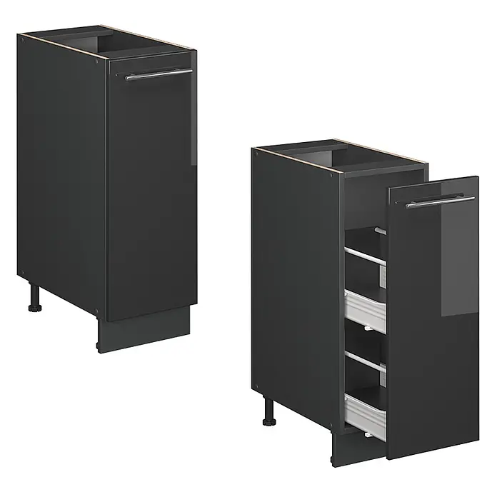 Vicco Schrankküche Fame-Line Anthrazit Hochglanz ohne Arbeitsplatte - Anthrazit Hochglanz, Apothekerunterschrank 30 cm - Dunkelgrauer Küchen-Auszugsschrank mit Metallgriff, geöffnet mit ausziehbaren Fächern.