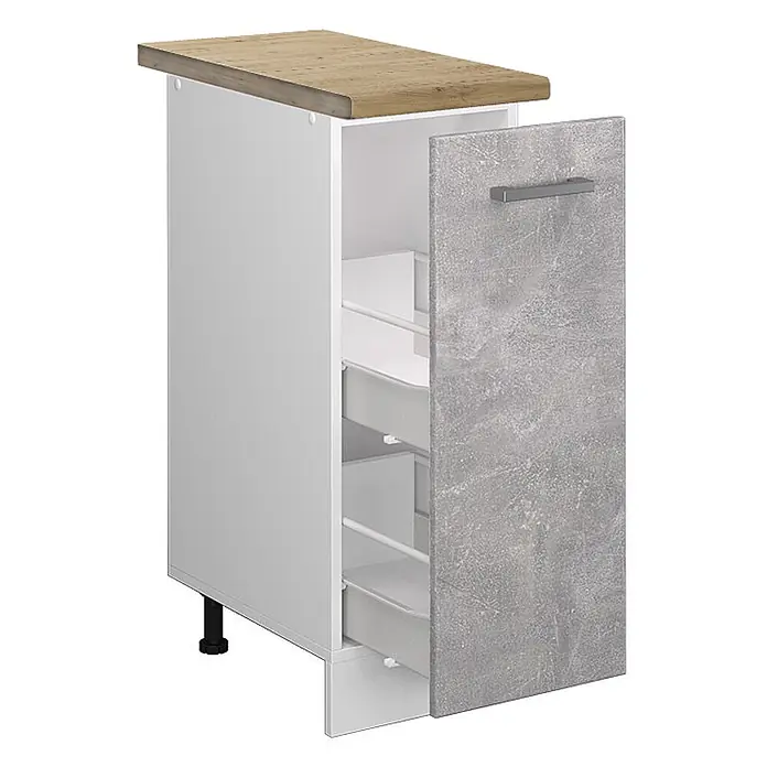 Vicco Schrankküche R-Line Beton, AP Eiche - Beton, Apothekerunterschrank 30 cm, AP Eiche - Weißer Küchenunterschrank mit heller Holzplatte, offener grauer Beton-Fronttür, Metallgriff und drei weißen Innenauszügen. Schwarze Füße.