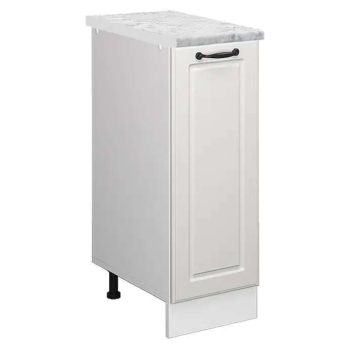 Vicco Schrankküche R-Line Weiß Landhaus AP Marmor - Weiß Landhaus, Apothekerunterschrank 30 cm, AP Marmor - Weißer Küchenunterschrank mit Arbeitsplatte in Marmoroptik und schwarzem Griff.
