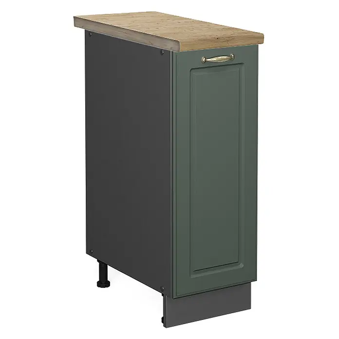 Vicco Schrankküche Fame-Line Grün-Gold Landhaus, AP Eiche - Grün-Gold Landhaus, Apothekerunterschrank 30 cm, AP Eiche - Schmaler dunkelgrüner Küchenunterschrank mit Arbeitsplatte in Holzoptik und goldenem Griff, mit Sockelblende.