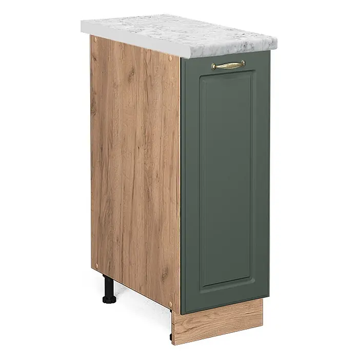 Vicco Schrankküche Fame-Line Grün-Gold Landhaus, AP Marmor - Grün-Gold Landhaus, Apothekerunterschrank 30 cm, AP Marmor - Küchenunterschrank: Holzdekorseite, dunkelgrüne Tür mit Goldgriff, weiße Marmoroptik-Arbeitsplatte, verstellbare Füße.