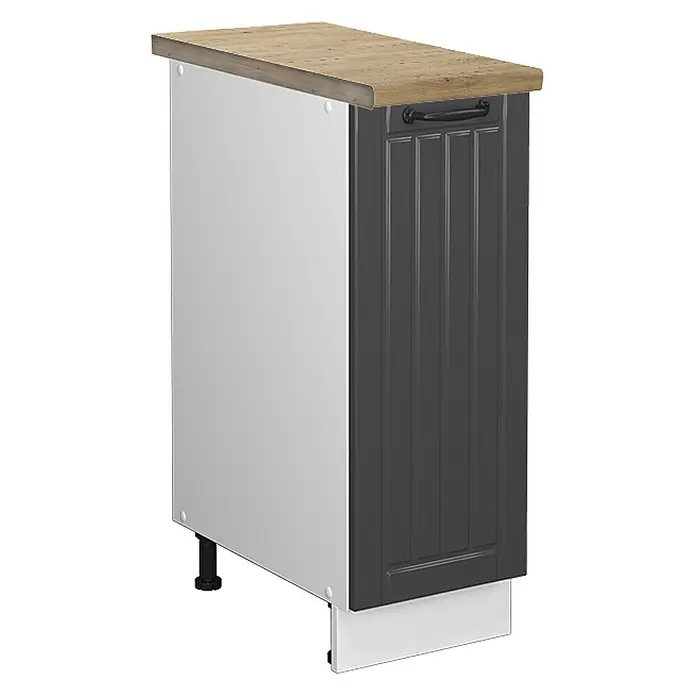 Vicco Schrankküche Fame-Line Anthrazit Landhaus, AP Eiche - Anthrazit Landhaus, Apothekerunterschrank 30 cm, AP Eiche - Schmaler Apothekerschrank mit heller Holzplatte, dunkelgrauer Front mit schwarzem Griff und weißer Seitenwand.