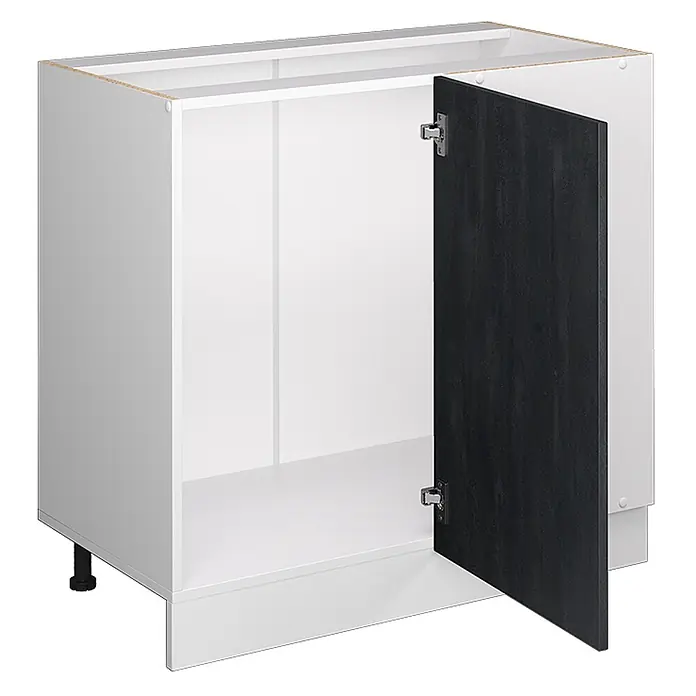 Vicco Eckunterschrank R-Line, Schwarz Beton, 86 cm -  - Weißer Unterschrank mit offener dunkelgrauer Tür und verstellbaren Füßen.