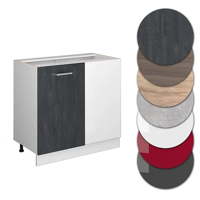 Vicco Eckunterschrank R-Line, Schwarz Beton, 86 cm -  - Küchenunterschrank mit dunkelgrauer Tür und weißem Korpus, dargestellt mit verschiedenen Musterproben.