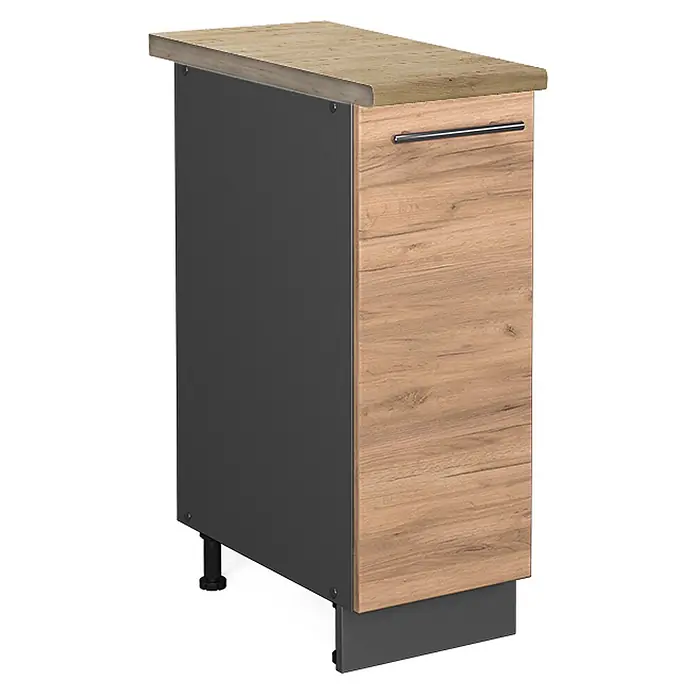 Vicco Schrankküche Fame-Line Goldkraft Eiche, AP Eiche - Goldkraft Eiche, Apothekerunterschrank 30 cm, AP Eiche - Schmaler Schrank mit heller Holzoptik-Platte und -Front, dunkelgrauen Seiten und Metallgriff.