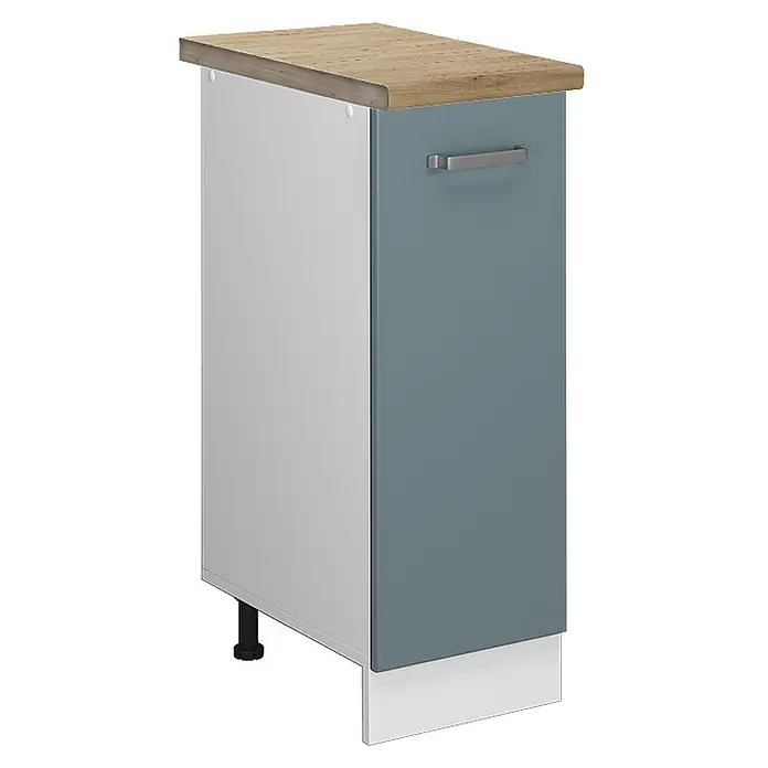Vicco Schrankküche R-Line Blau-Grau, AP Eiche - Blau-Grau, Apothekerunterschrank 30 cm, AP Eiche - Schmaler Küchenschrank mit Holzplatte, hellgrauer Seite, blaugrauer Schubladenfront und silbernem Griff. Weiße Sockelblende.