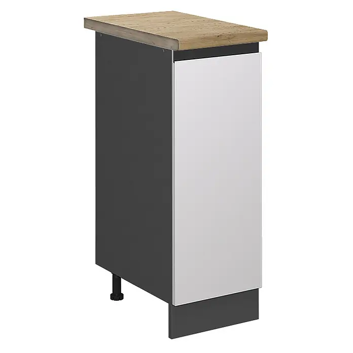 Vicco Schrankküche R-Line Weiß J-Shape, AP Eiche - Weiß, Apothekerunterschrank 30 cm grifflos AP Eiche - Küchenunterschrank mit heller Holz-Effektplatte, dunkelgrauem Korpus und hellgrauer Tür.