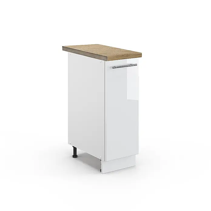 Vicco Schrankküche Fame-Line Weiß Hochglanz, AP Eiche - Weiß Hochglanz, Apothekerunterschrank 30 cm, AP Eiche - Weißer Küchenunterschrank mit heller Holzplatte und Chromgriff. Mit einer Tür und verstellbaren Füßen.