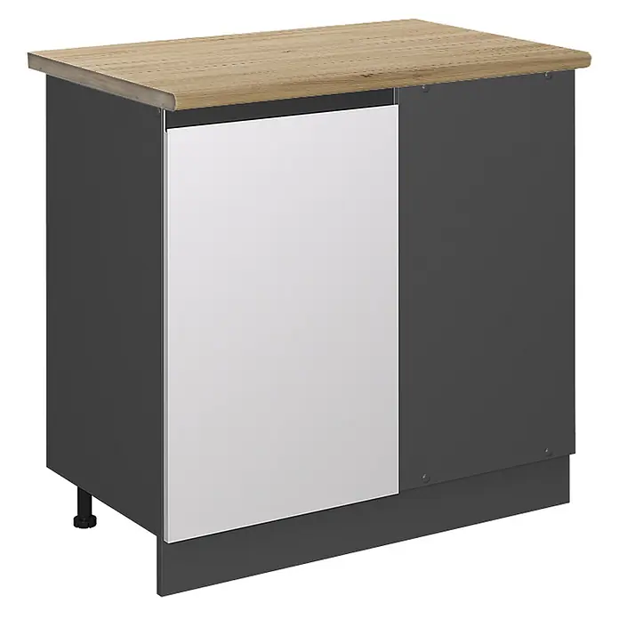 Vicco Schrankküche R-Line Weiß J-Shape, AP Eiche - Weiß, Eckunterschrank 86 cm grifflos AP Eiche - Kompakter Küchenunterschrank mit heller Holzplatte, dunkelgrauem Korpus und weißer Tür.