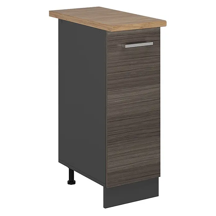 Vicco Schrankküche R-Line Edelgrau, AP Eiche - Edelgrau, Apothekerunterschrank 30 cm, AP Eiche - Dunkelgrauer Unterschrank mit heller Holzplatte, dunkler Holztür, silbernem Griff und Sockelblende.
